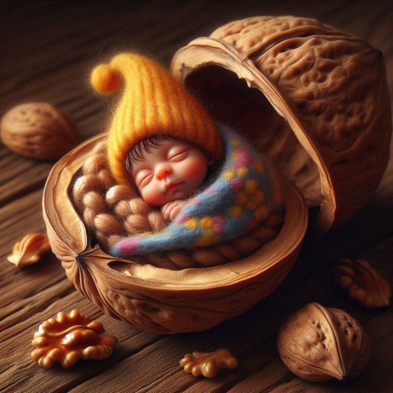 Newborn Gnome Sleeping in Walnut Shell Painting