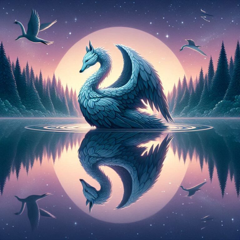 Swan Bodied Wolf Headed Creature at Twilight Lake