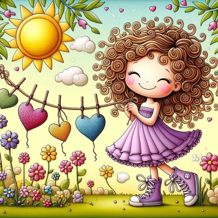 Girl Hanging Paper Hearts in Sunny Garden