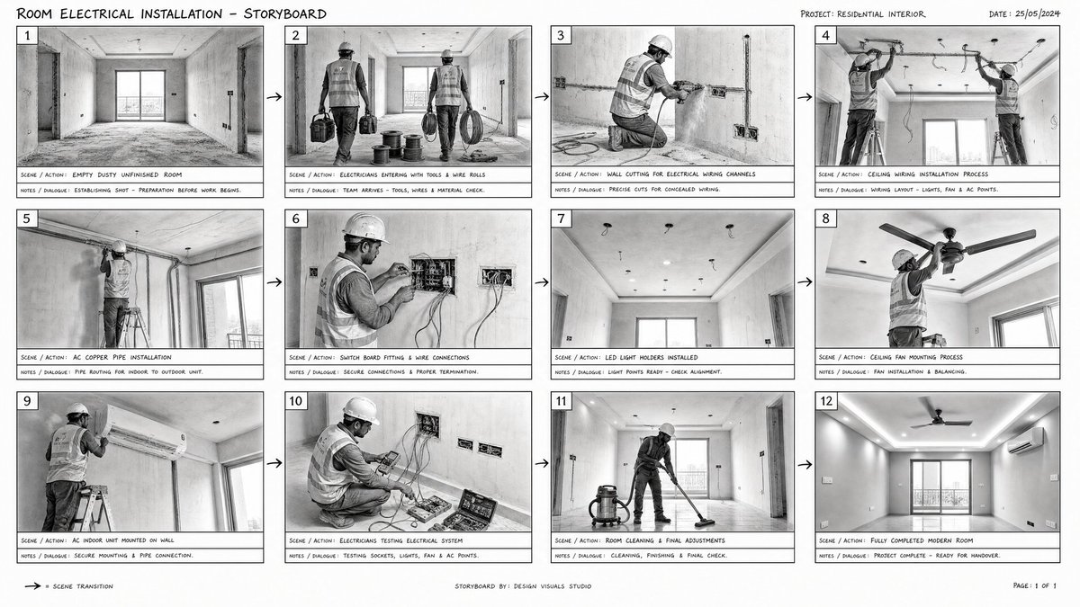 Room Electrical Installation Cinematic Storyboard