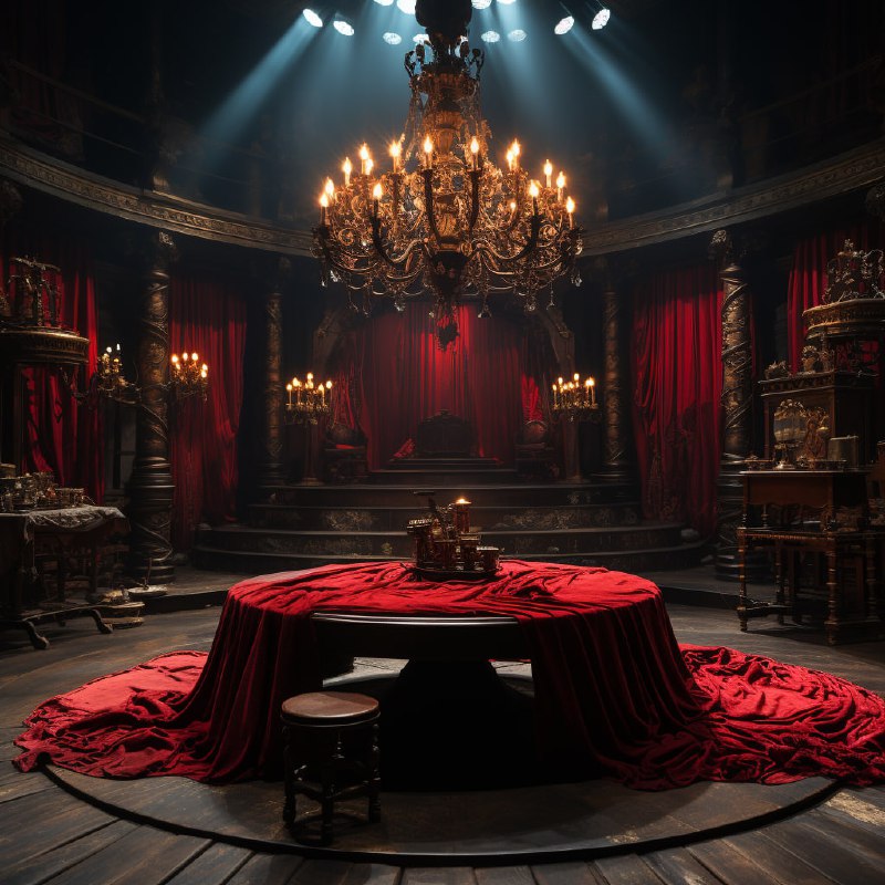 Red Stage Curtain Behind Round Banquet Table
