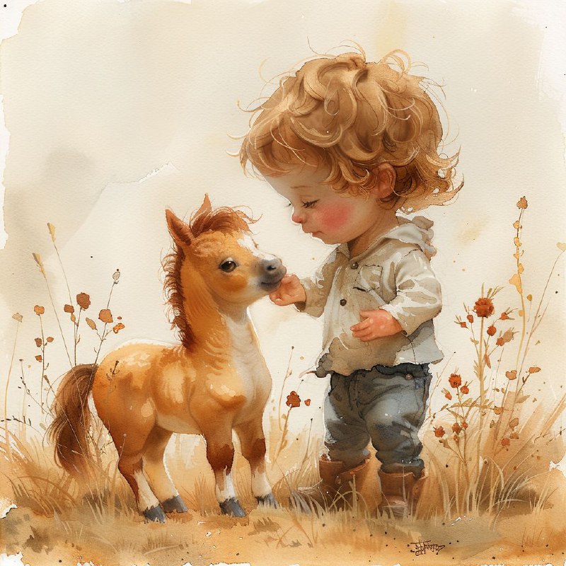 Redhead Boy Feeding Foal Watercolor Illustration