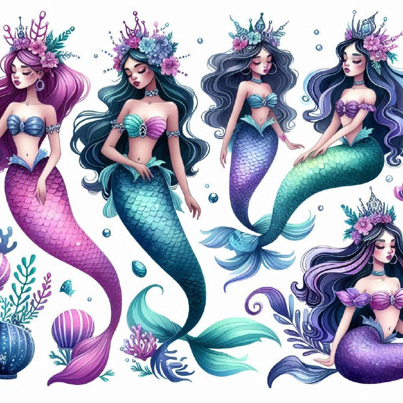 Mermaid Princesses Bold Watercolor Manga Art