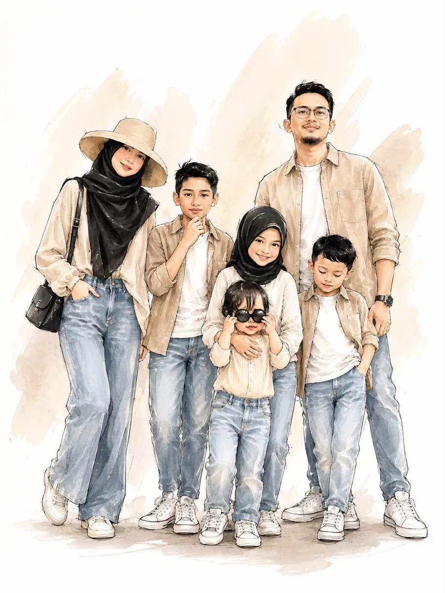 Stylish Family Watercolor Sketch Illustration