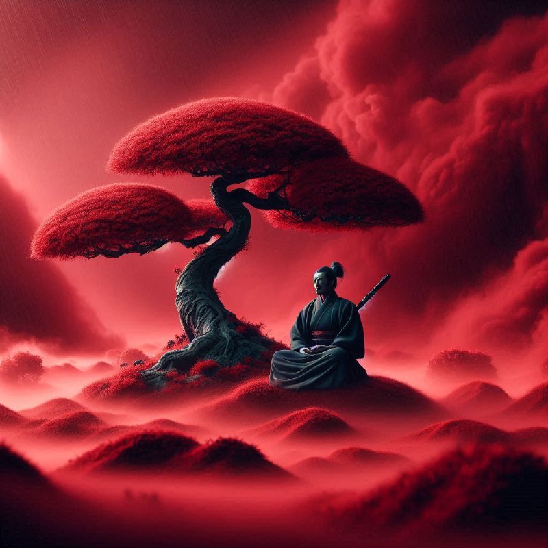 Samurai Meditating Under Bonsai in Storm