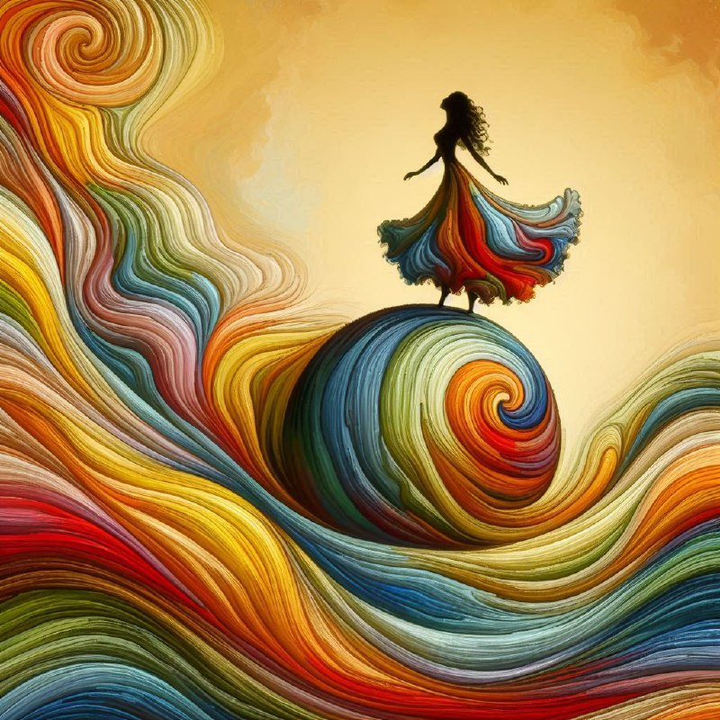 Woman in Colorful Dress on Swirling Color Sphere