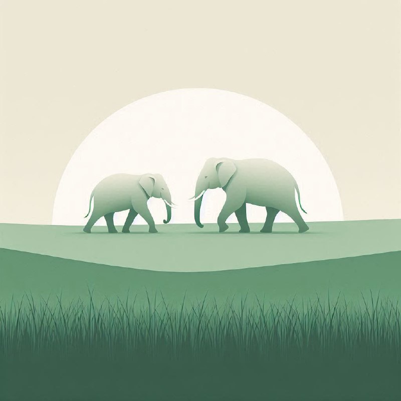 Two Elephants Walking Green Field Minimalist Art