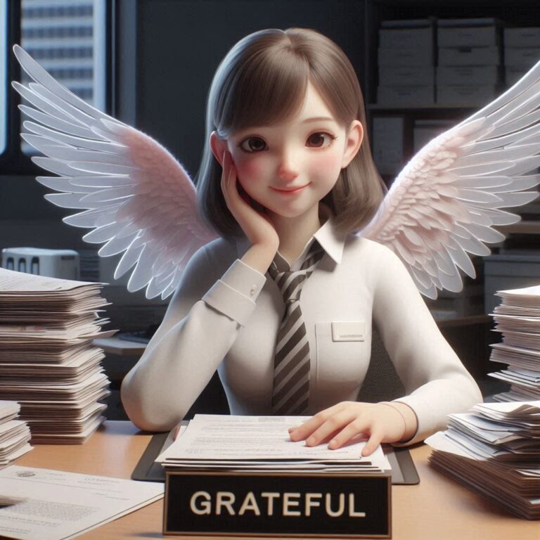 Winged Clerk Reviewing Documents at Desk