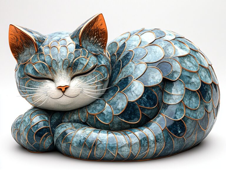 Blue Scaled Cat Figurine Gold Edges