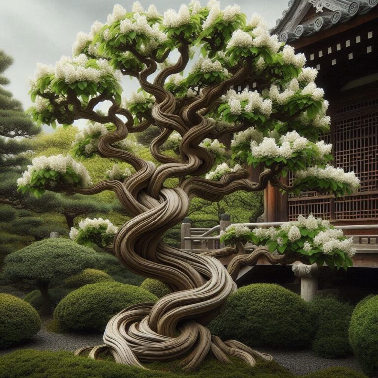 Chinese Fringetree in Bloom With Pagoda Backdrop