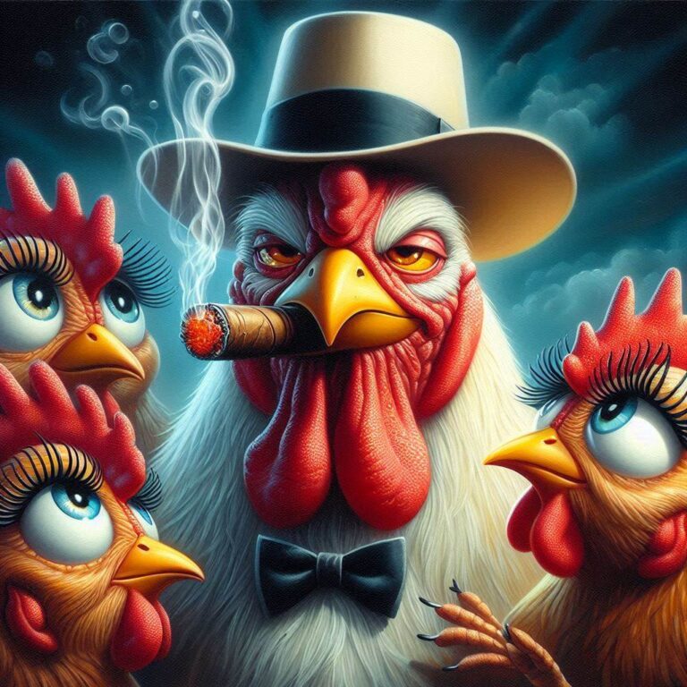 Cigar Smoking Rooster Hugging His Hens Cartoon