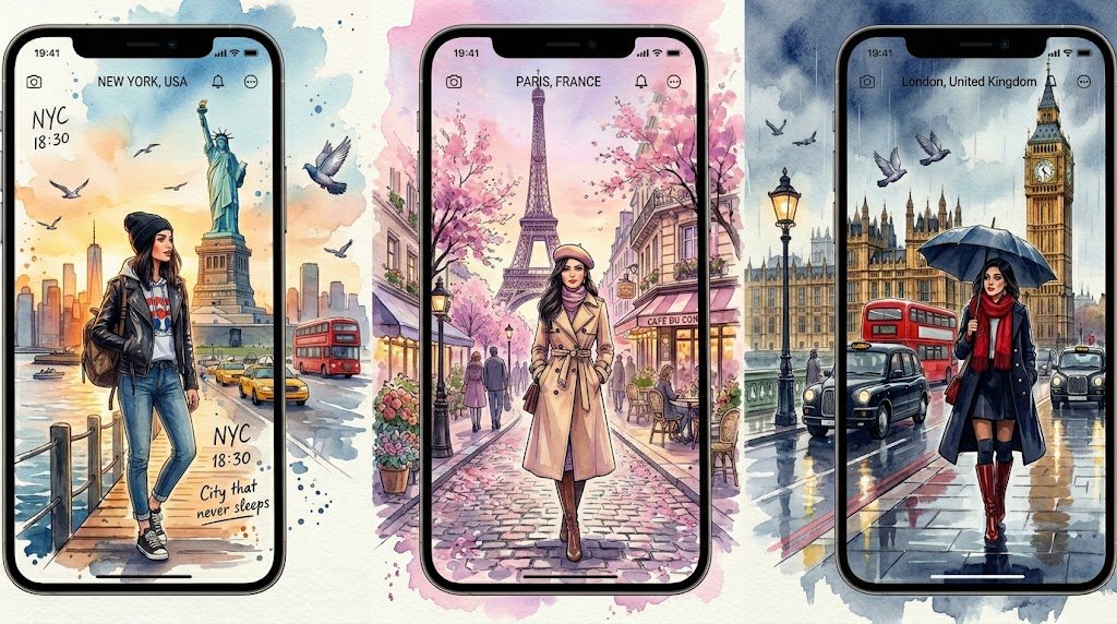 Watercolor Travel App Mockup
