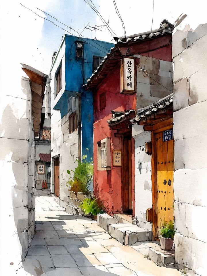 Korean Hanok Watercolor Sketch