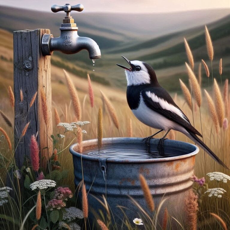 Black and White Bird Perched on Rusty Bucket