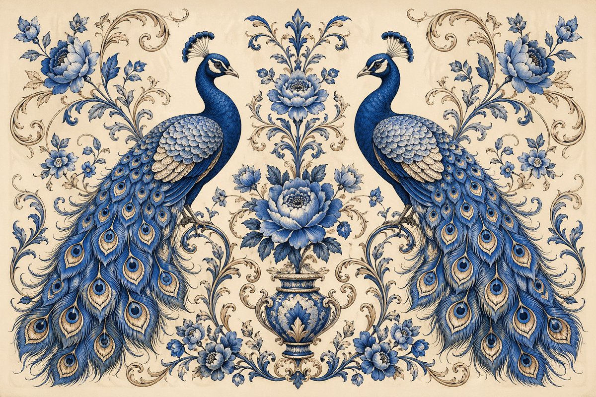 Vintage Blue Peacock Floral Art