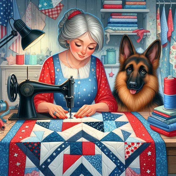 Woman Quilting in Sewing Room With Dog Digital Art