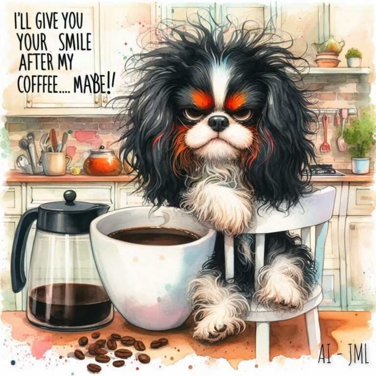 Grumpy Cavalier King Charles Caricature With Coffee