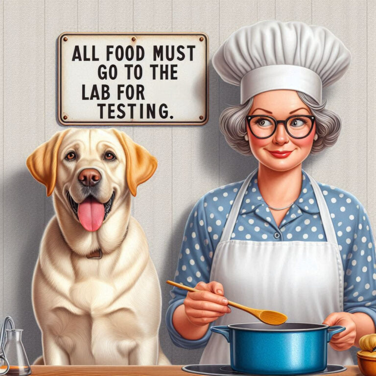 Yellow Labrador Caricature in Kitchen With Sign