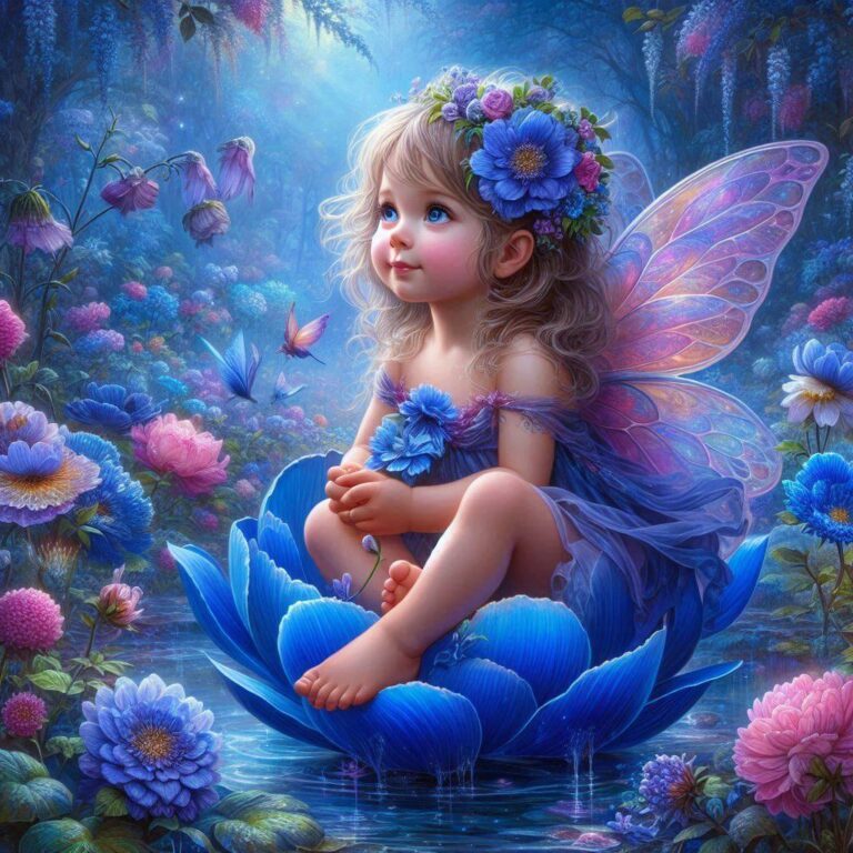 Fairy Toddler on Blue Flower in Magical Forest
