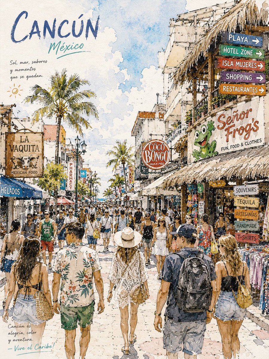 Cancun Tropical Street Watercolor Poster