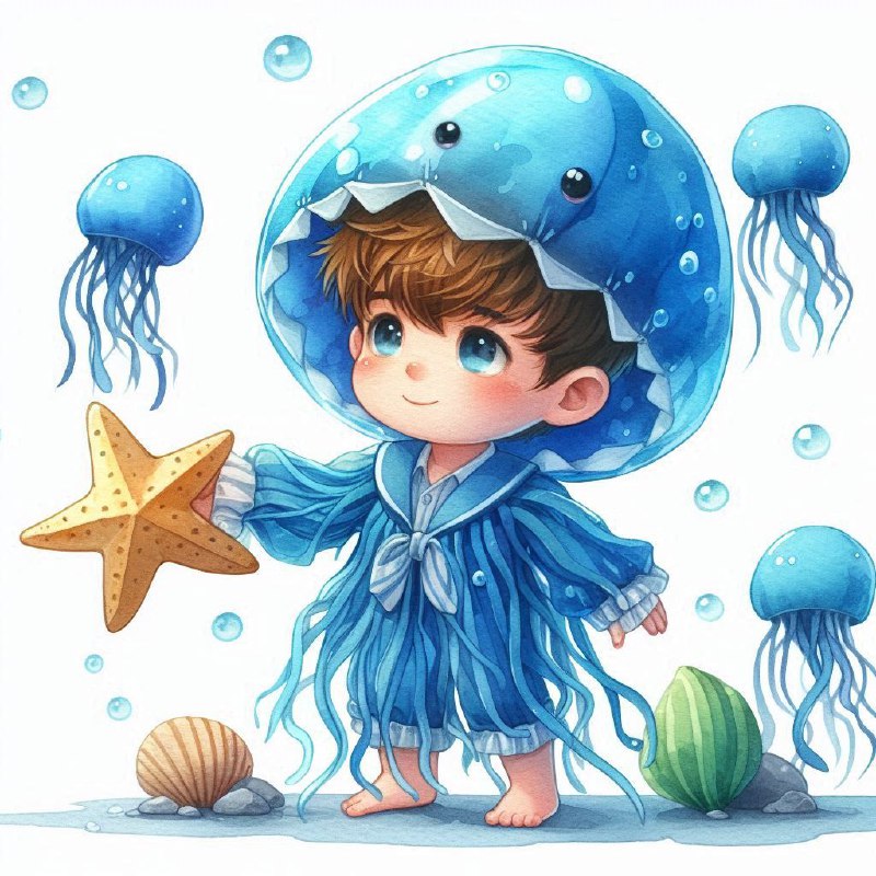 Kid in Blue Jellyfish Costume Holding Starfish