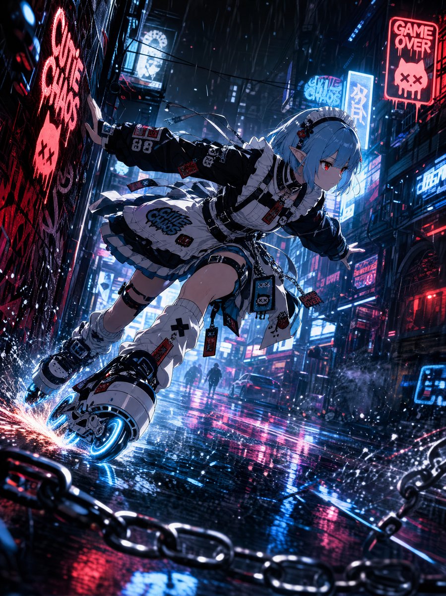 Cyberpunk Elf Girl Rollerblading Neon Alley