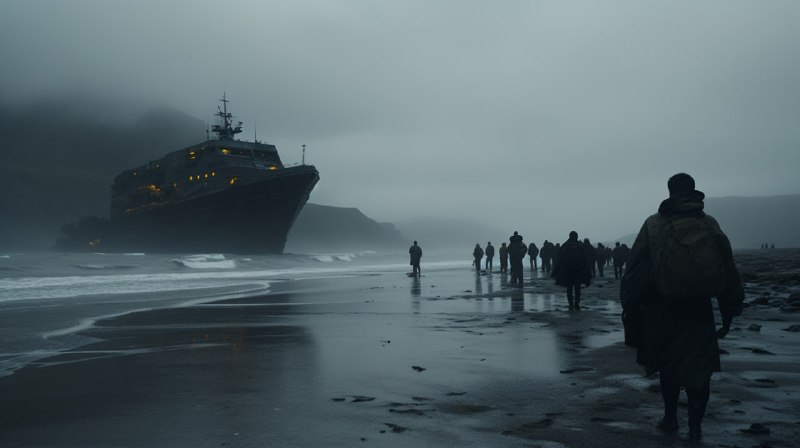 Dystopian Beach Evacuation Cinematic Wide Shot