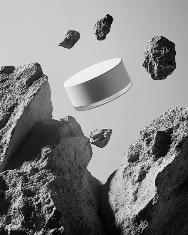 White Cosmetic Jar Floating Rocks Advertising