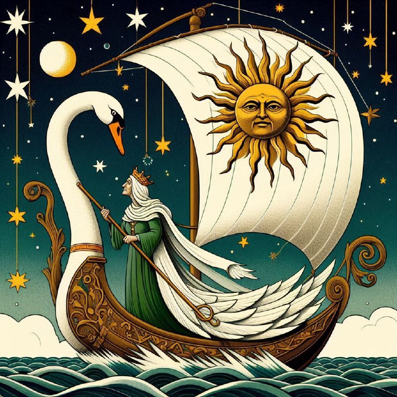 Old Woman Sailing Swan Boat With Sun Moon Sail