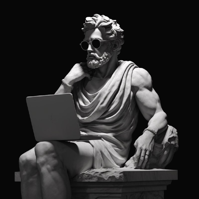 Greek Statue With Sunglasses Holding a Laptop