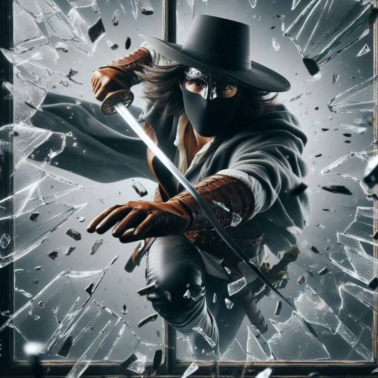 Zorro Bursting Through Shattering Glass Window