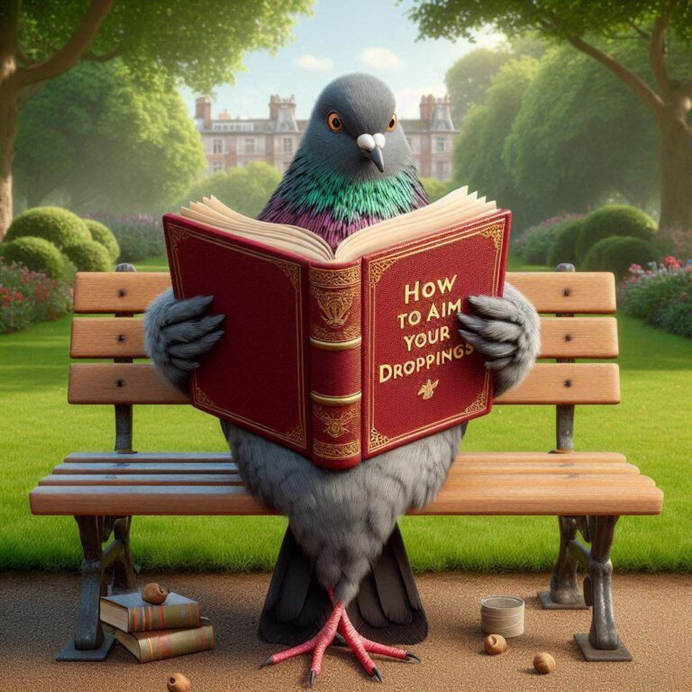 Pigeon Reading Leather Book on Park Bench