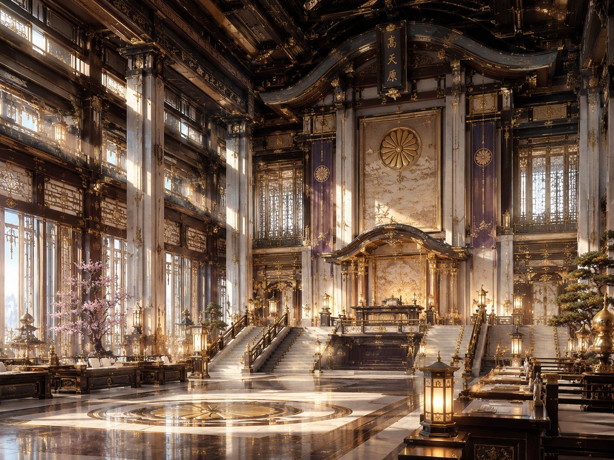 NeoNippon Imperial Throne Hall Cinematic Interior