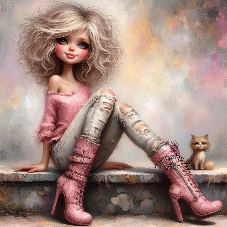 Curly Blonde Doll Girl in Pink Sweater on Ledge