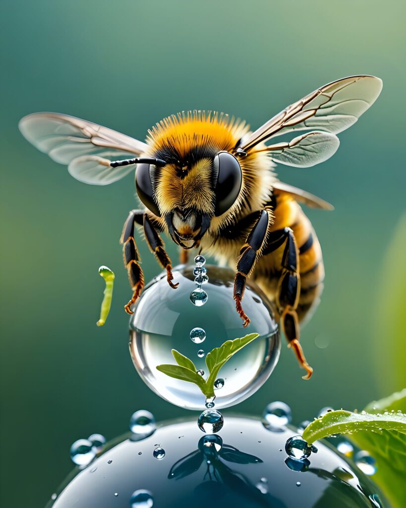 Bee Carrying Water Drop Holding Tiny World