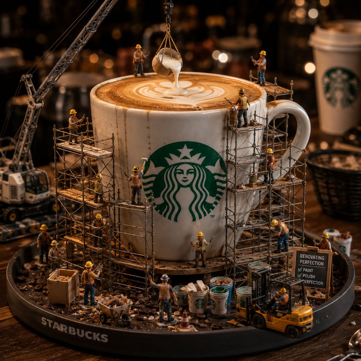 Miniature Starbucks Cup Renovation Scene