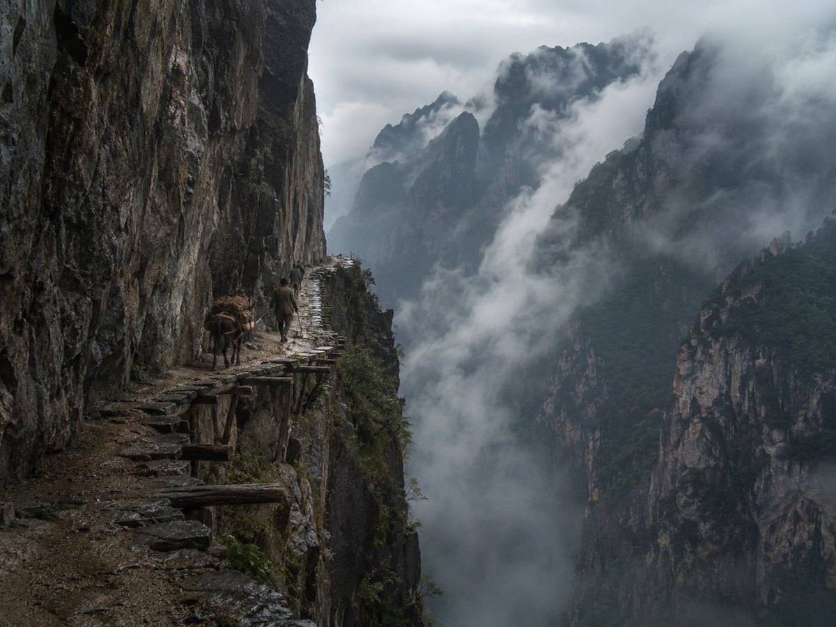 Lone Traveler on Misty Cliff Road