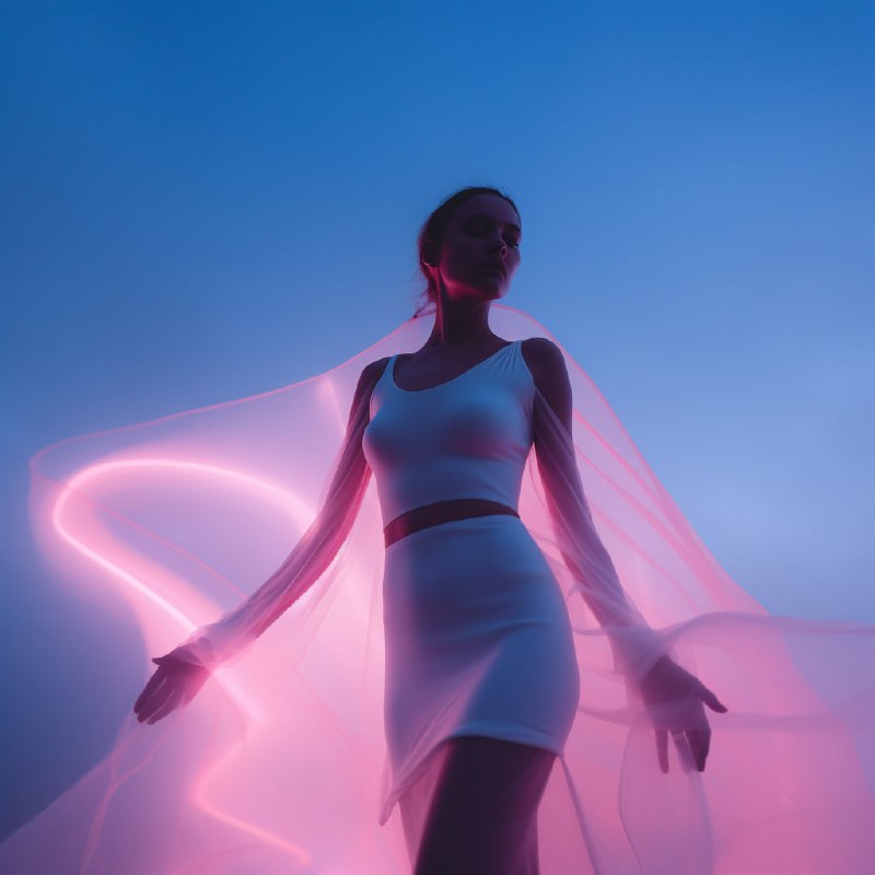 Dystopian Woman in Fog With Neon Light Trails