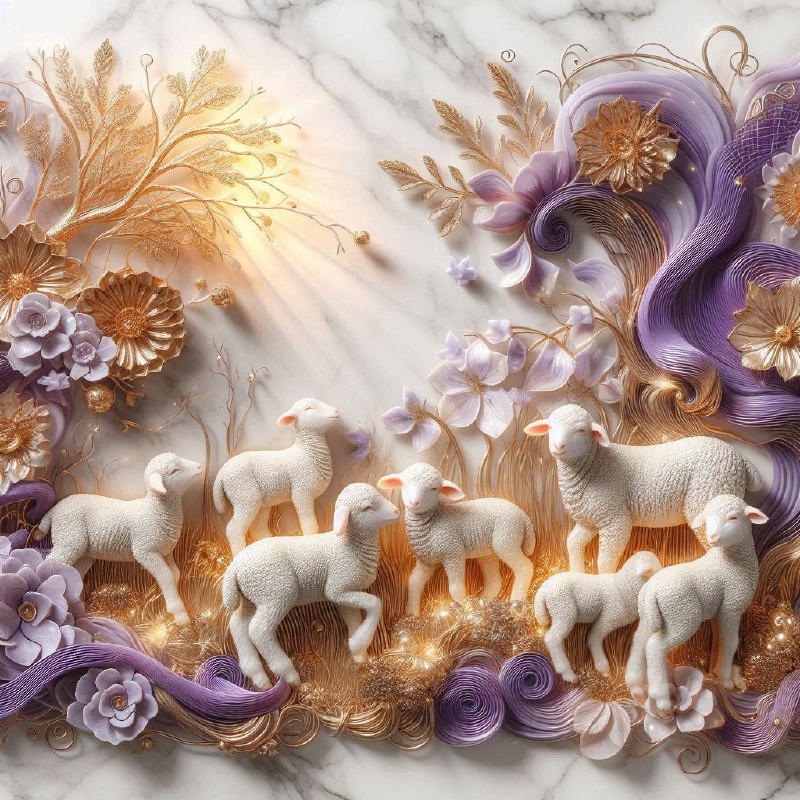 Golden Lambs in Marble Garden Fantasy Painting