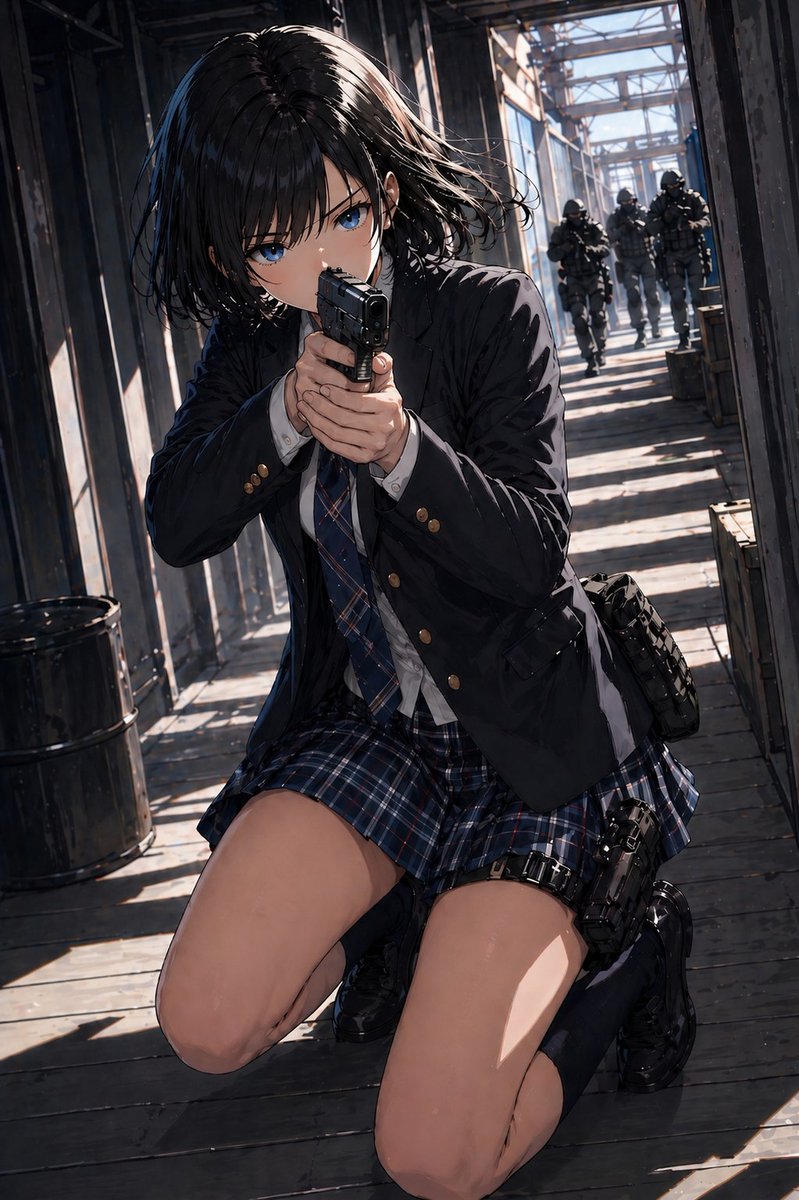 Anime Girl Gunfight on Industrial Catwalk
