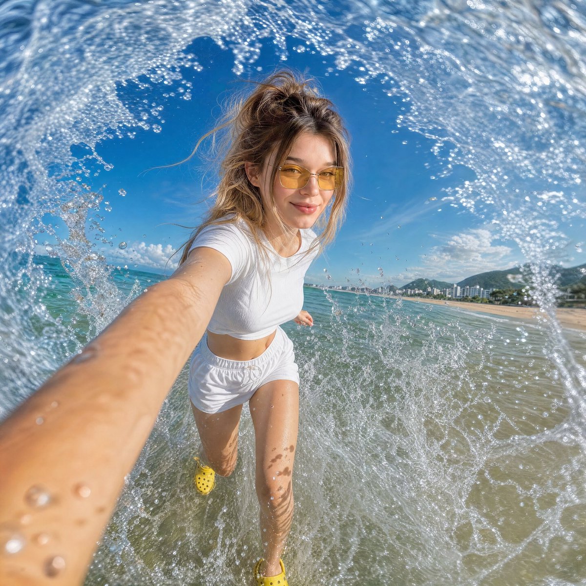 Sunny Beach Wave Splash Selfie