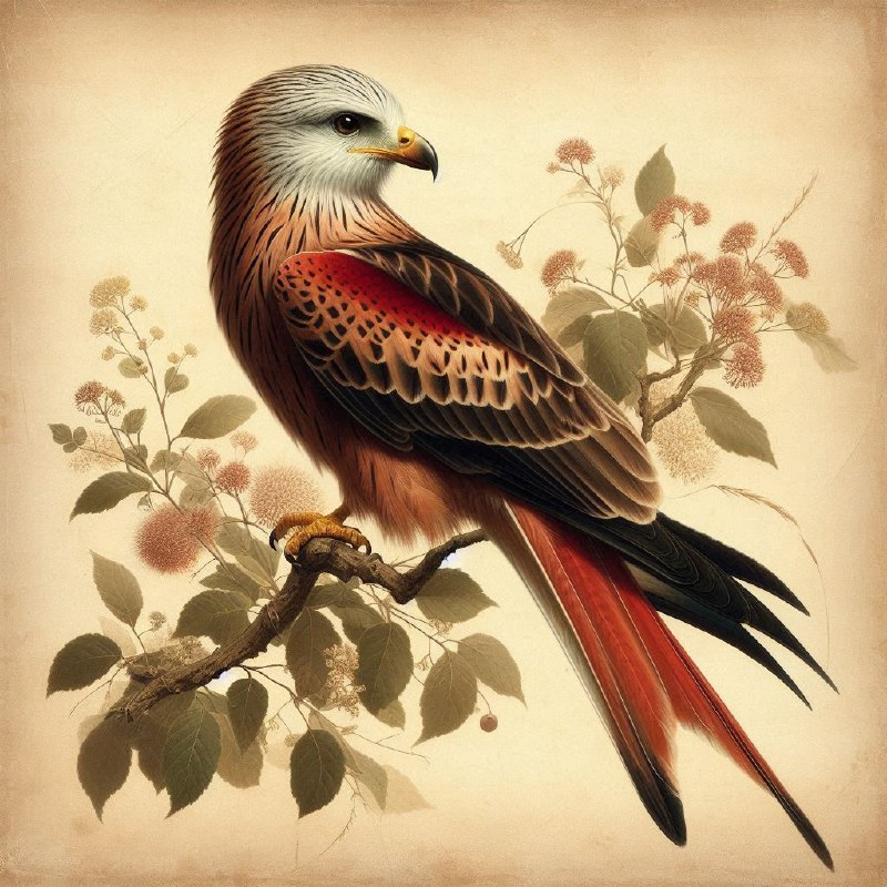 Red Kite on Branch Vintage Botanical Oil Painting