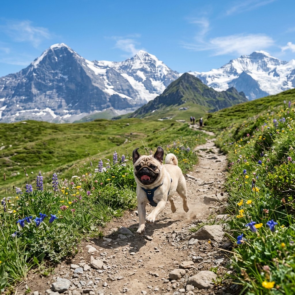 Pug Sprinting Through Alpine Trail