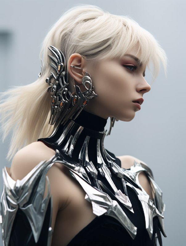 Woman in Futuristic Armor With Bold Earrings