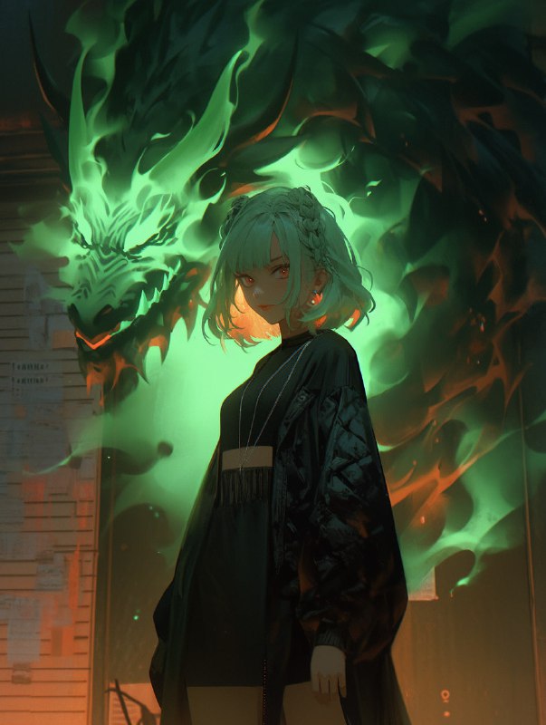 Lady Facing Green Monster Cyberpunk Manga Scene