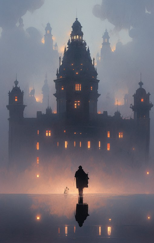 Foggy Waterside Ruins Chiaroscuro Painting