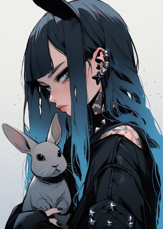 Dark Tattoo Style Bunny in Black and Azure