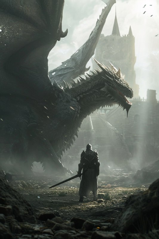 Knight and Dragon Before Castle God Rays