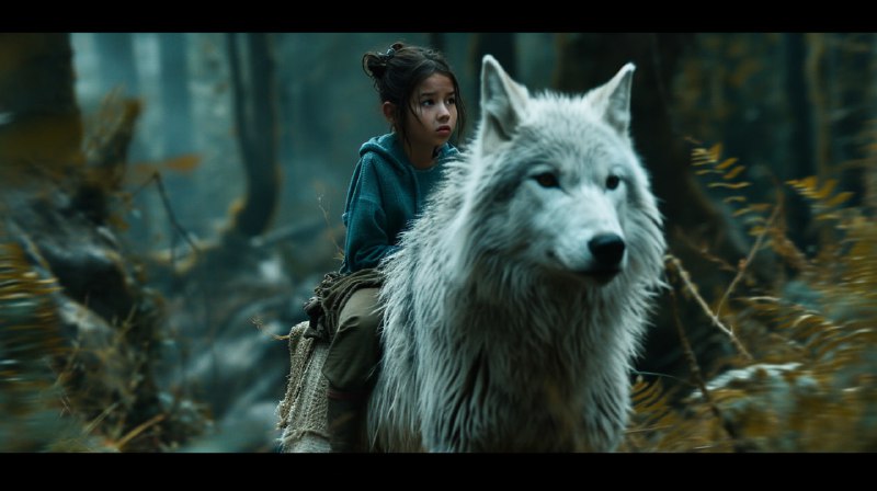 Girl Riding White Wolf 80s Sci-Fi Film Still