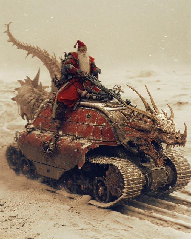 Santa Riding a Dragon Atop a Tank